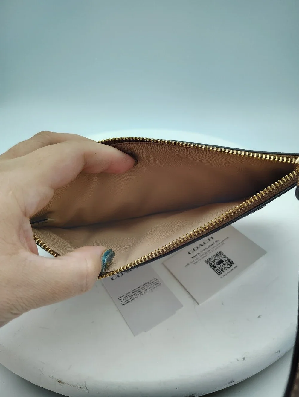 New Coach Brown Signature Wristlet with Metallic Rose Gold Card Pocket
